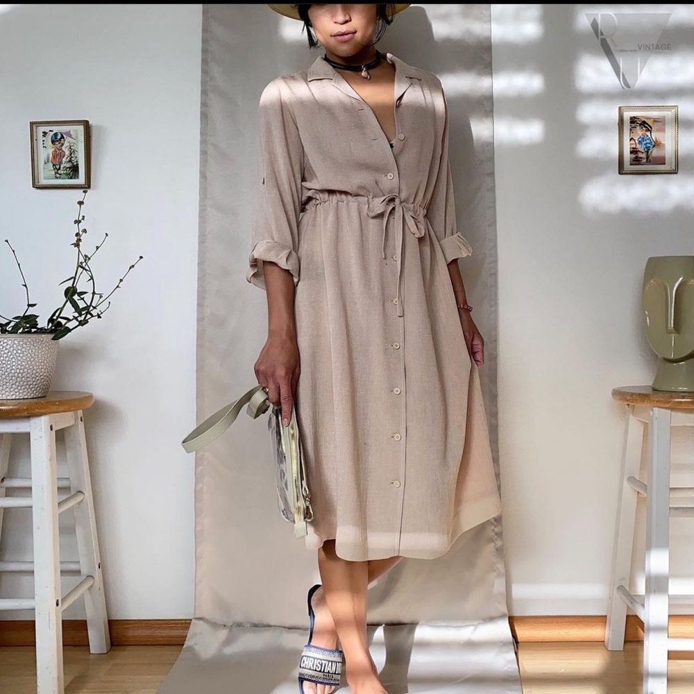 CHRISTIAN ADA NUDE MIDI BUTTON DOWN SHIRT DRESS - VINTAGE JAPAN